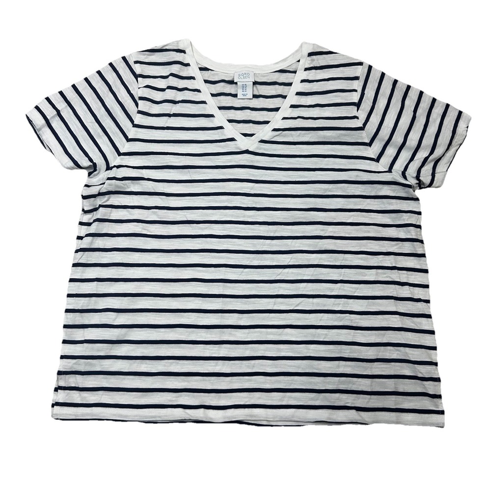 Sigrid Olsen 100% Cotton V-Neck Short Sleeve T-Shirt‎ Size XL White Striped